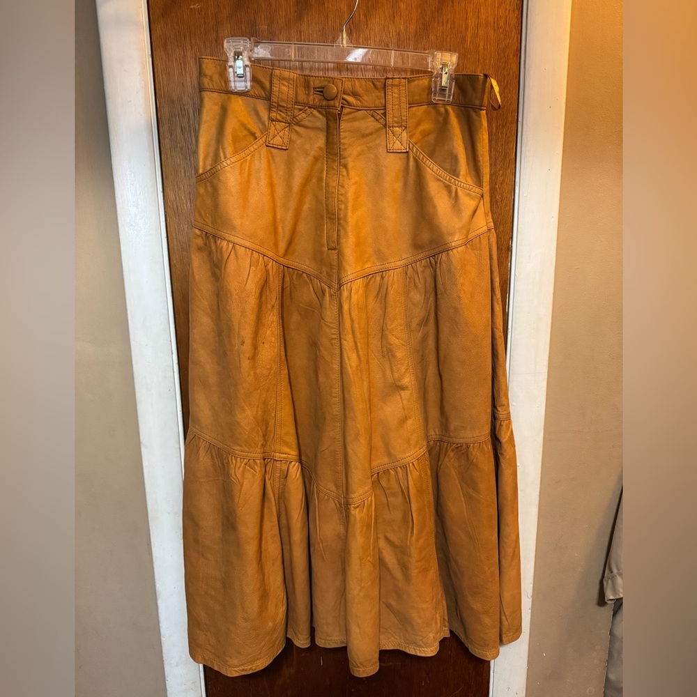 Deer skin orange Tan Leather Suede Tiered Maxi Skirt prarie layers 30 waist